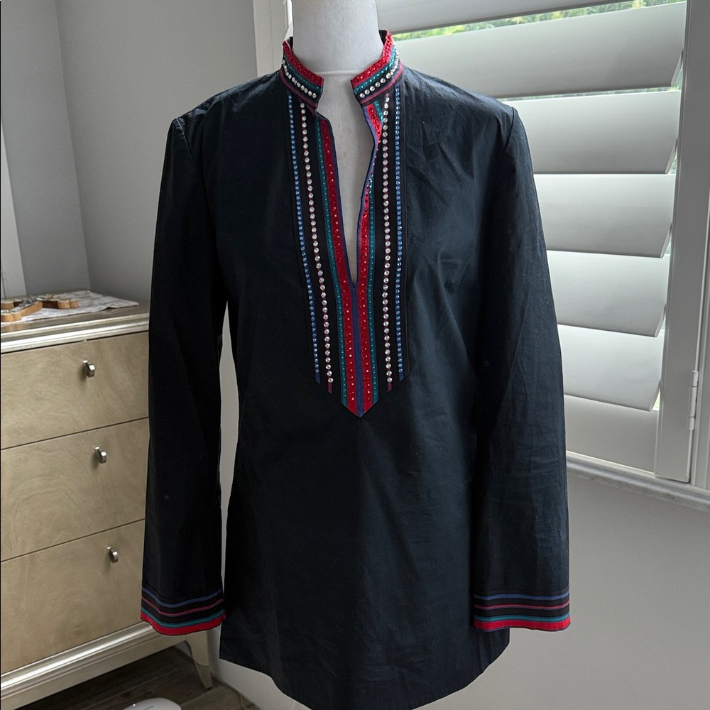Tory Burch Black Tunic Top Size 4 with Red, Clear & Blue Stones & silk .